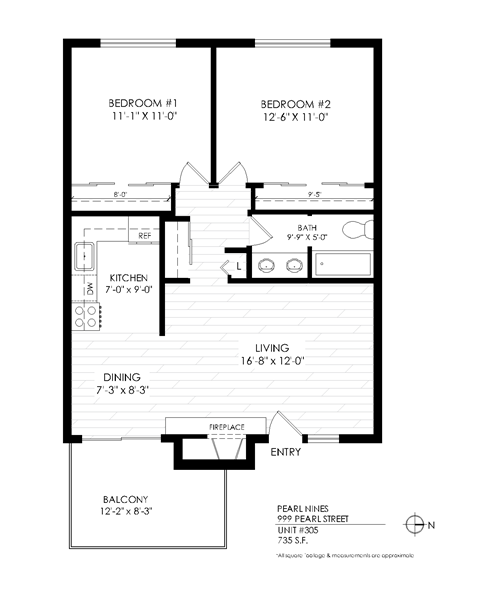 A black and white floor plan of an apartment with labeled rooms and dimensions.